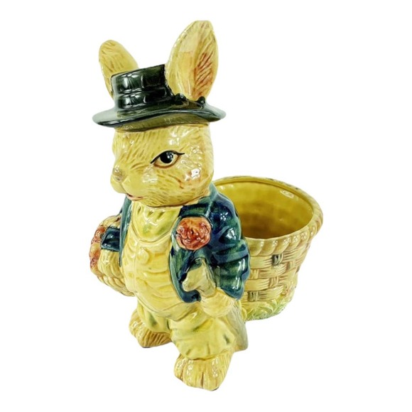 Rabbit With Basket And Top Hat Home Decor, 10" Tall, 8" Deep, 6" Wide, Yellow - Picture 1 of 6